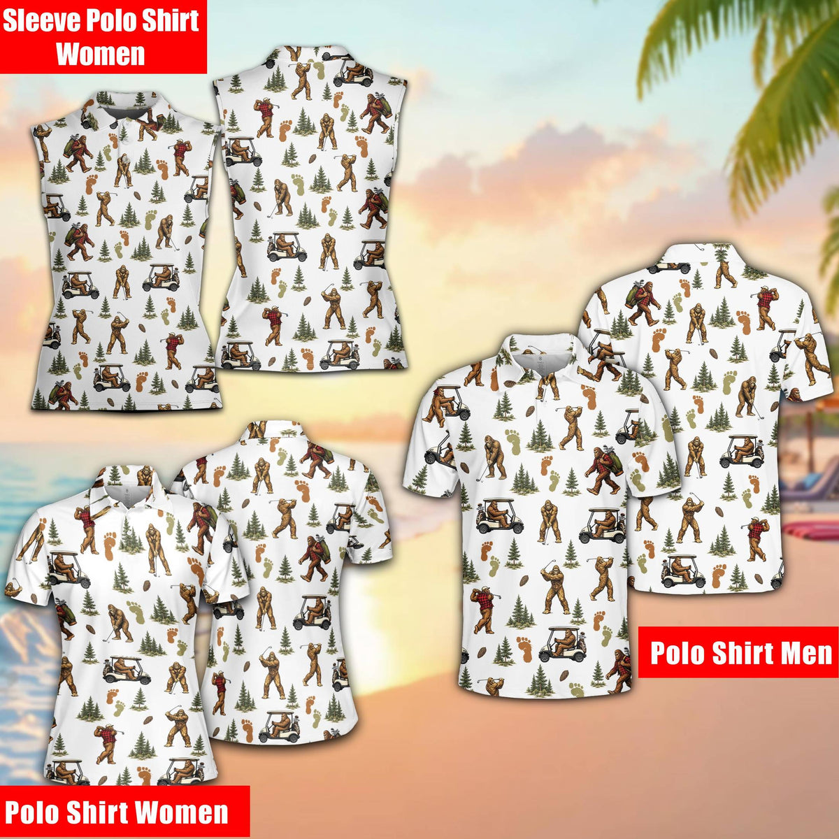 Close up view of the bigfoot golf pattern on the white polo shirt