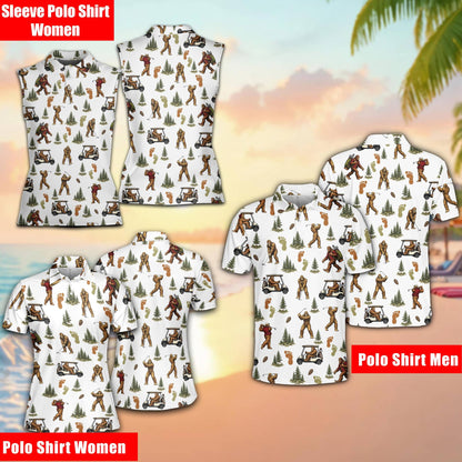 Close up view of the bigfoot golf pattern on the white polo shirt
