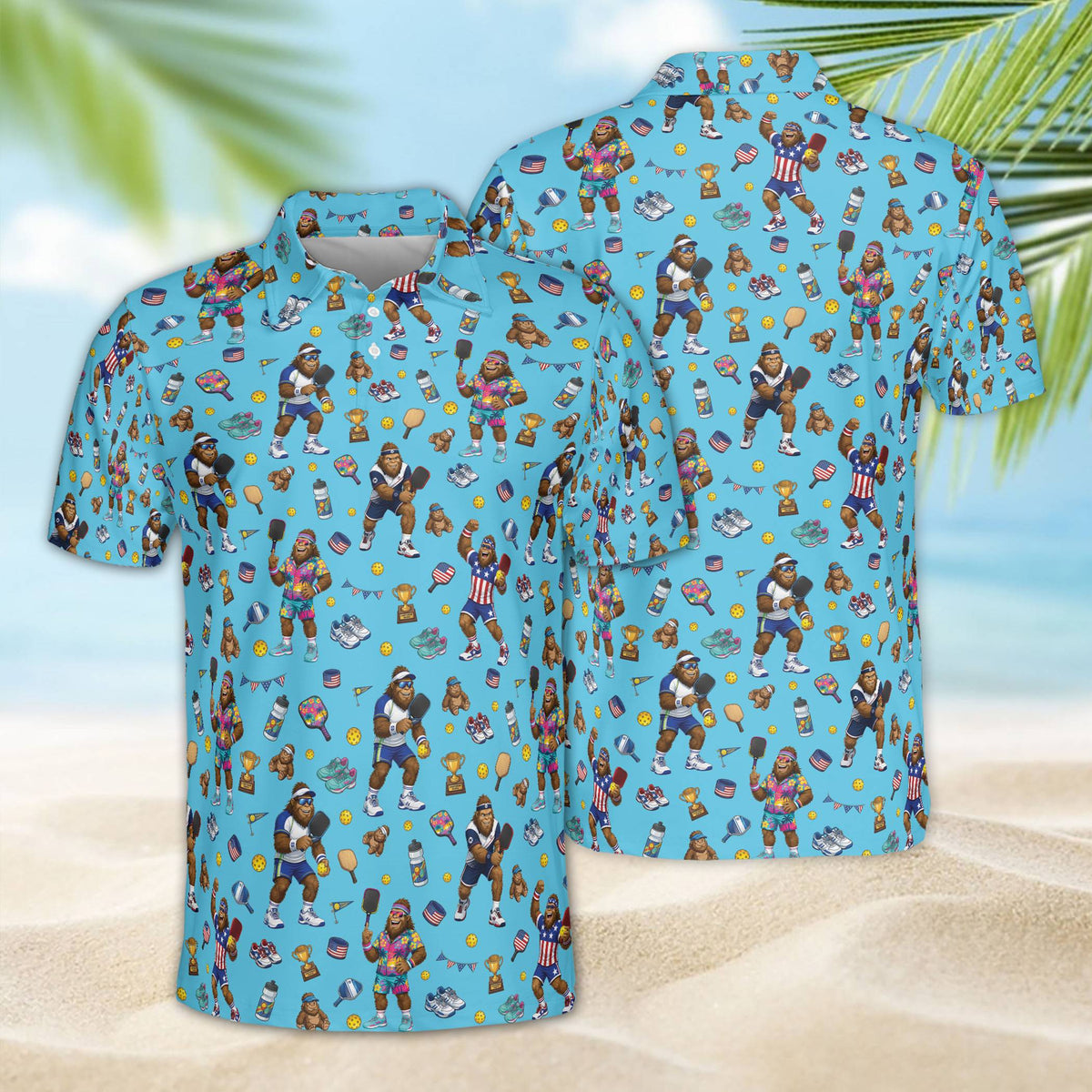 Blue bigfoot pickleball polo shirt front view