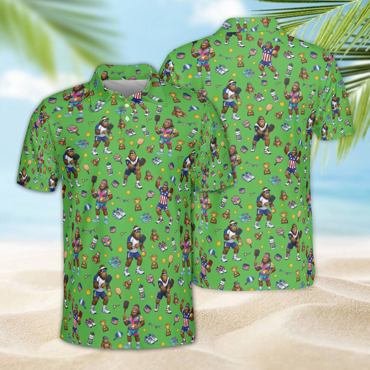 Green bigfoot pickleball polo shirt front view