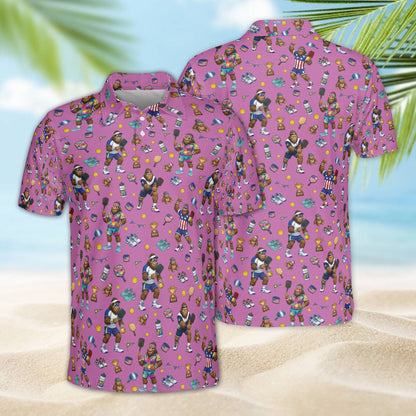 Pink bigfoot pickleball polo shirt front view