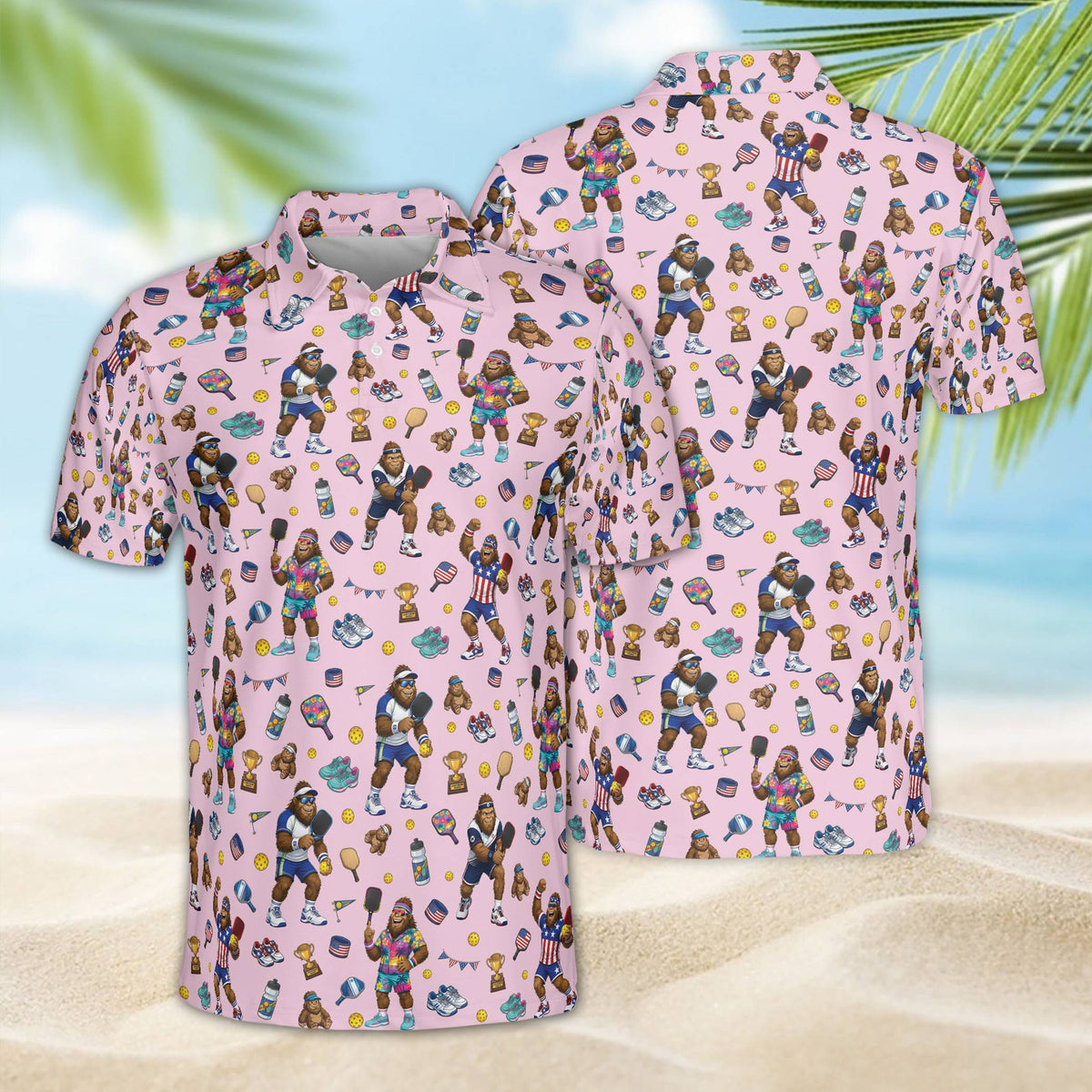 Alternative pink bigfoot pickleball polo shirt front view