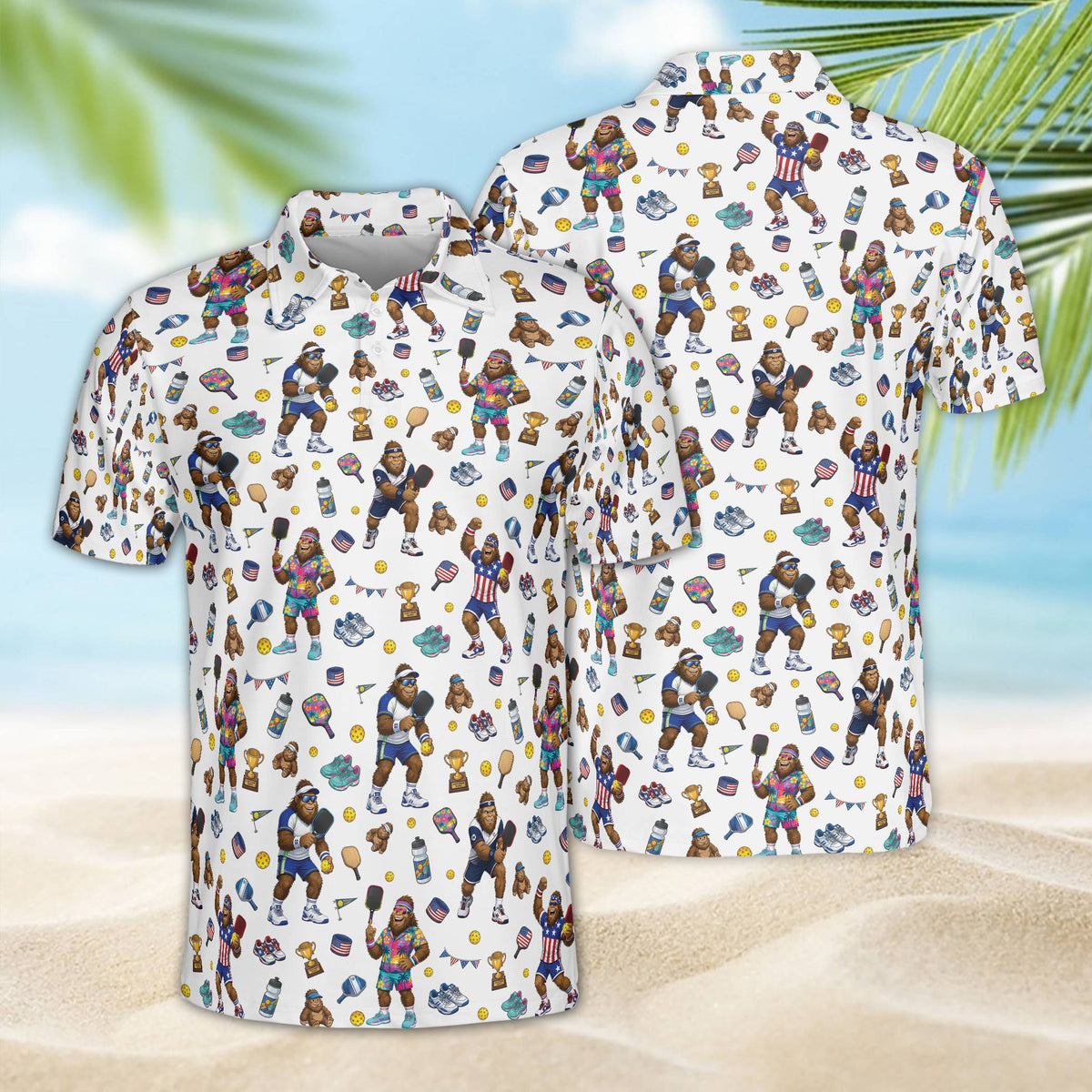 White bigfoot pickleball polo shirt with cartoon Bigfoot design, front view