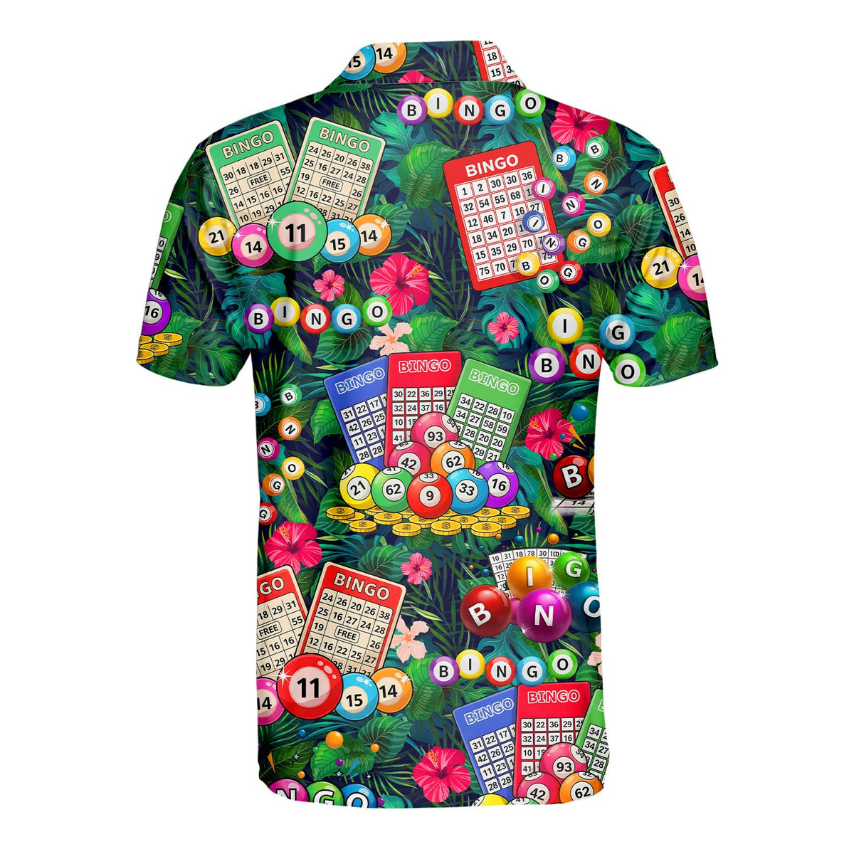 Back view of the vibrant green bingo polo shirt