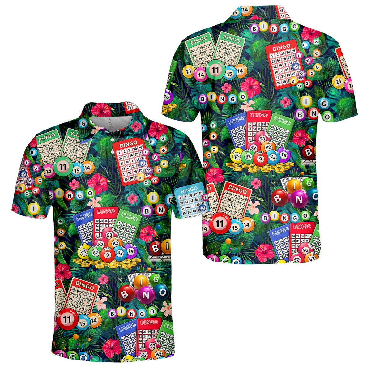 Front view of the green bingo polo shirt featuring a tropical pattern and bingo cards