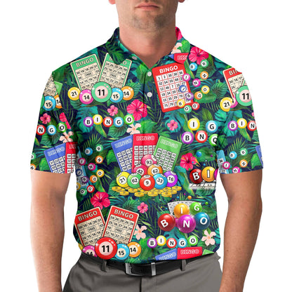 Third lifestyle view showcasing the bold tropical bingo print on the polo shirt
