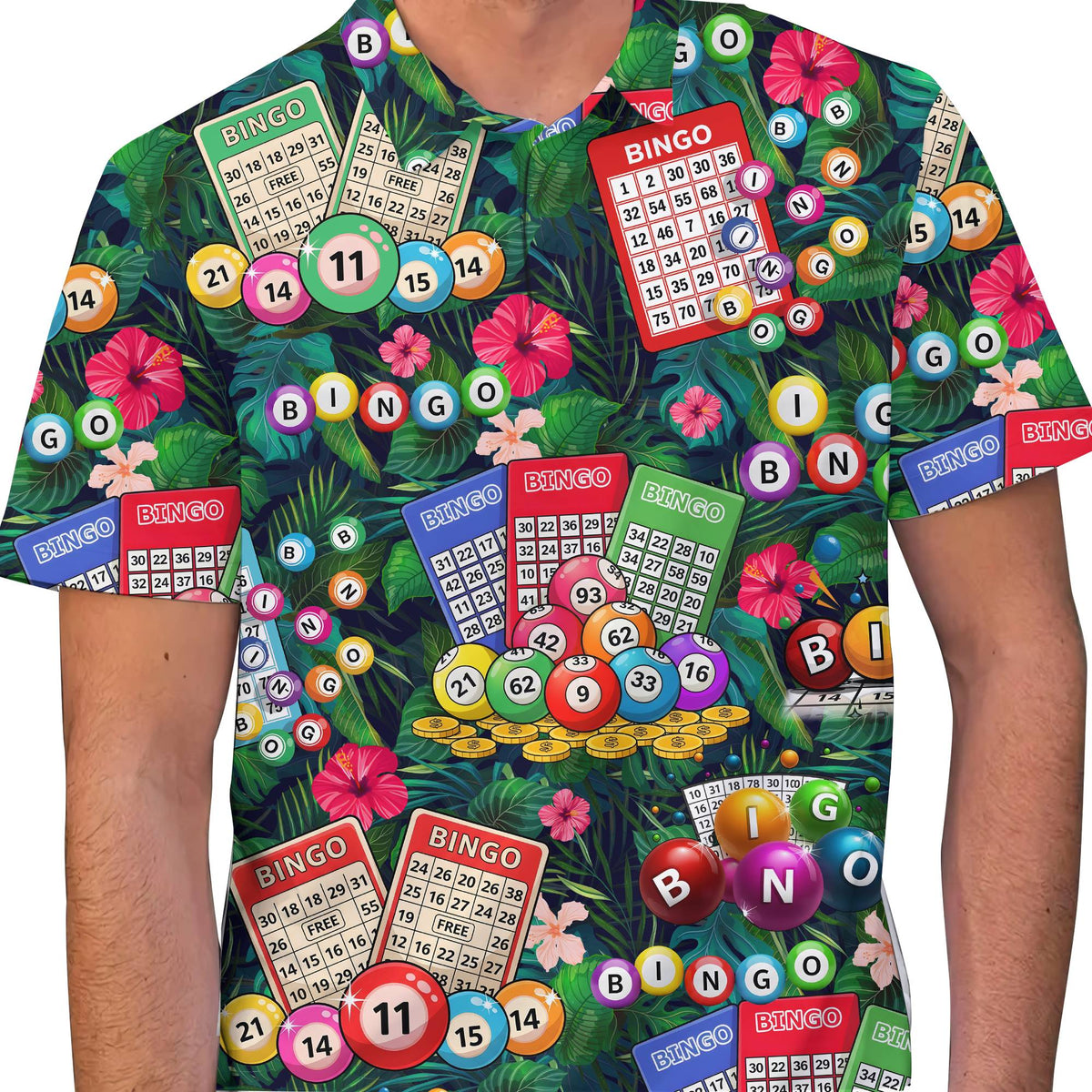 Lifestyle view of a person wearing the tropical bingo polo shirt