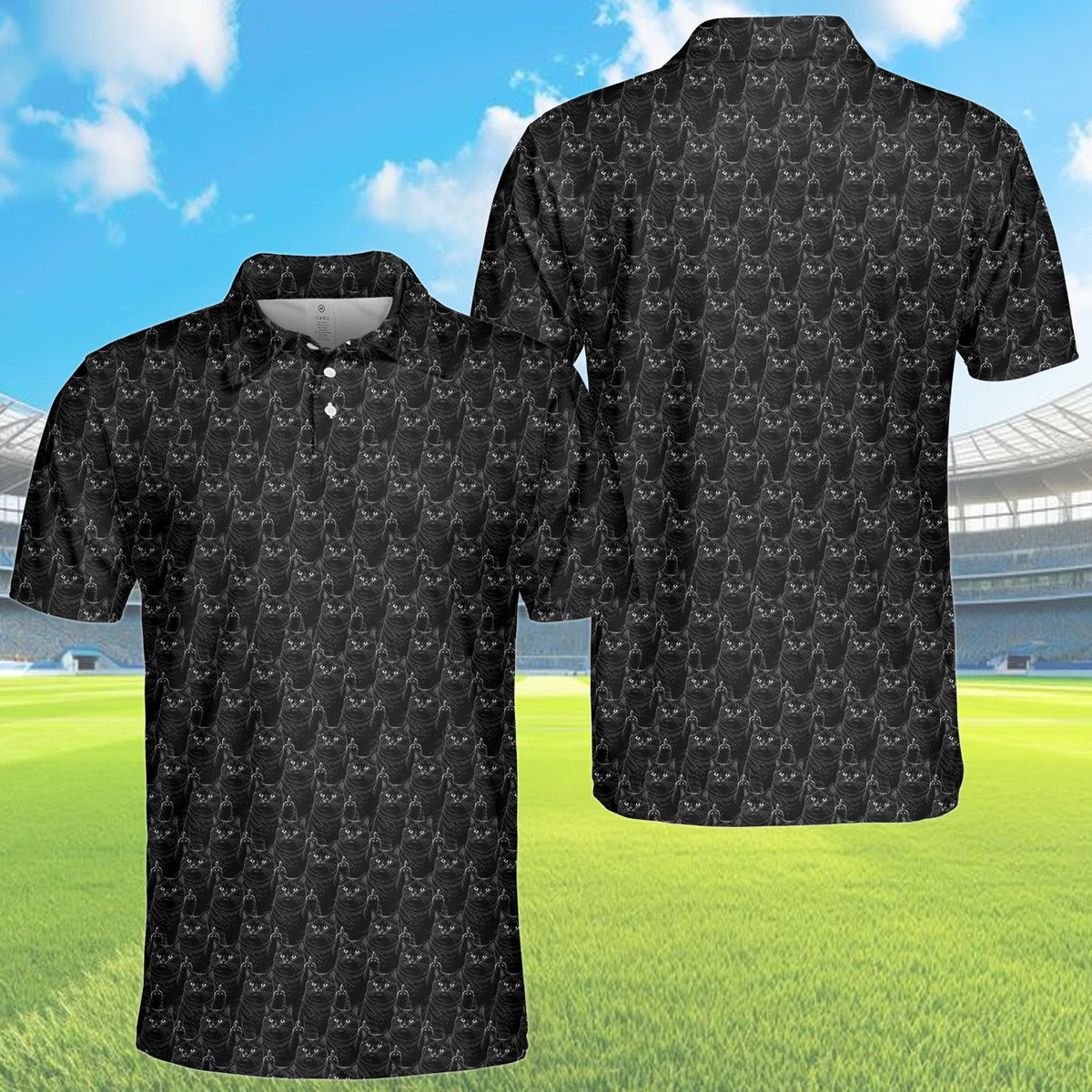 Black black polo shirt featuring repeating edgy feline pattern, main front view