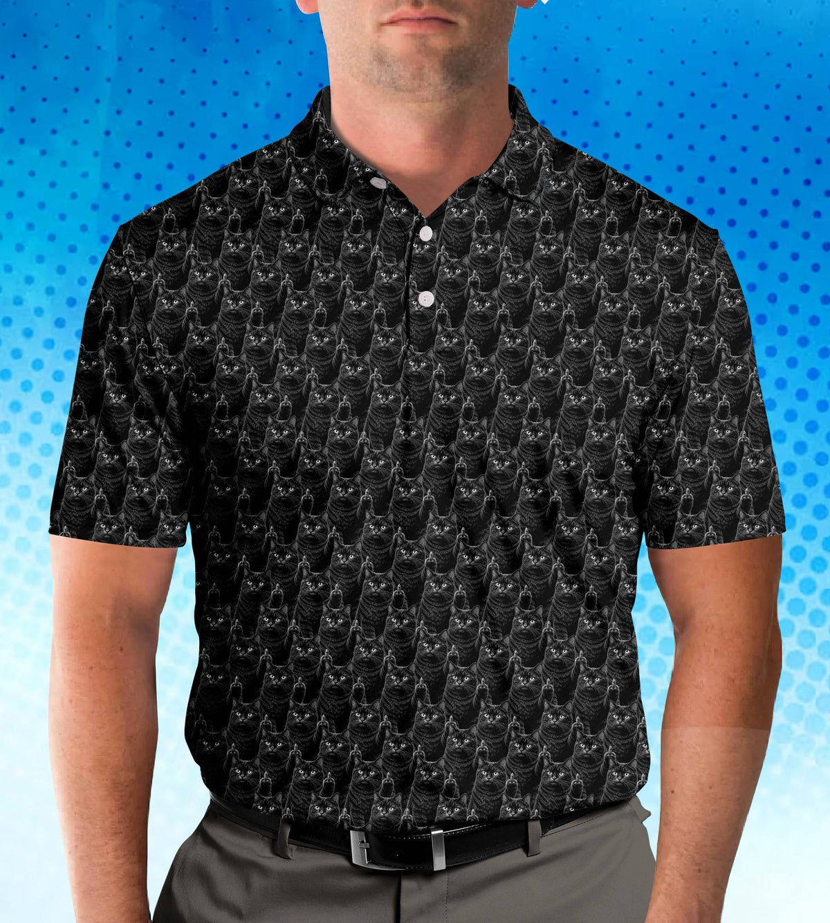 Lifestyle image of a person wearing the bold black and grey feline polo