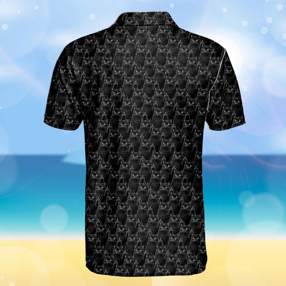 Back view of the multicolor edgy feline pattern polo shirt