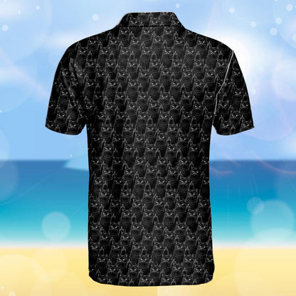Back view of the multicolor edgy feline pattern polo shirt