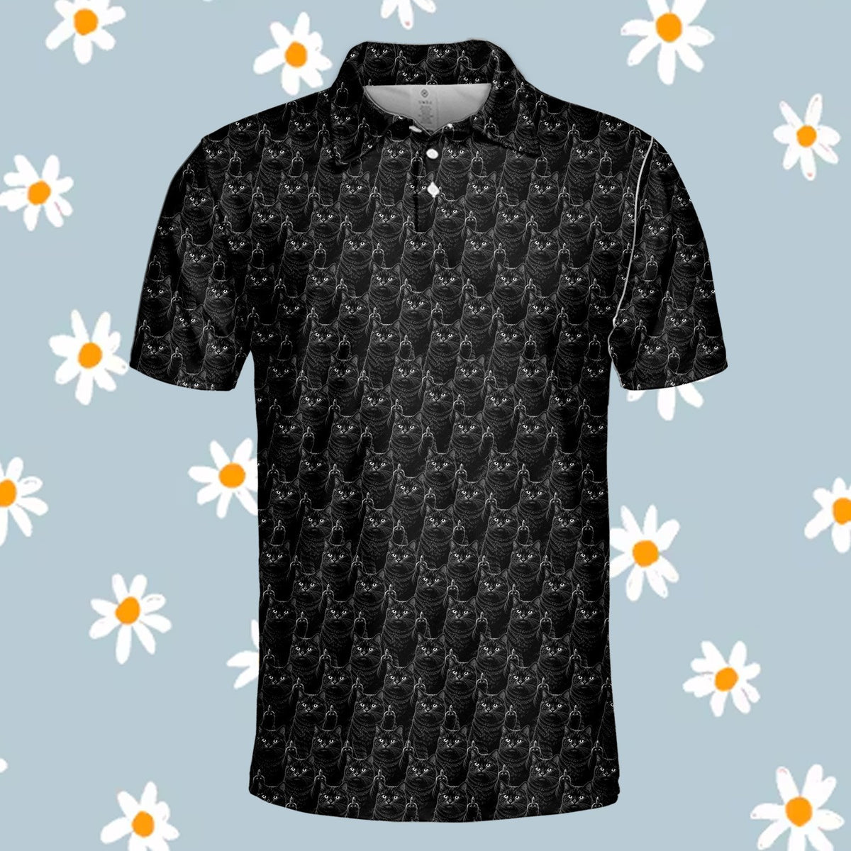 Detailed front view of the edgy feline repeating pattern polo