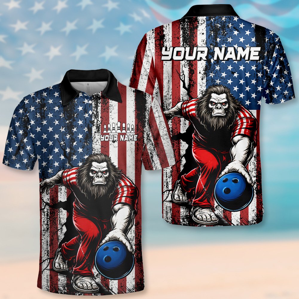 Alternative back view of the bigfoot bowling polo shirt