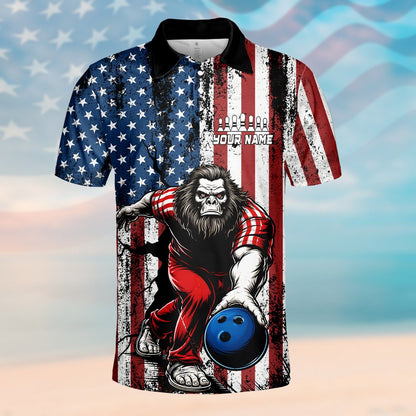 Angled front view of the bigfoot polo shirt showing the custom name area