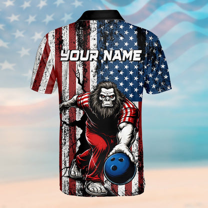 Close up front view of the distressed American flag and bowling Sasquatch design