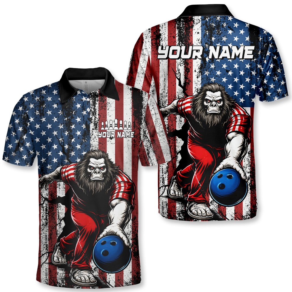 Main view of the personalized bowling bigfoot patriotic polo shirt featuring a custom name