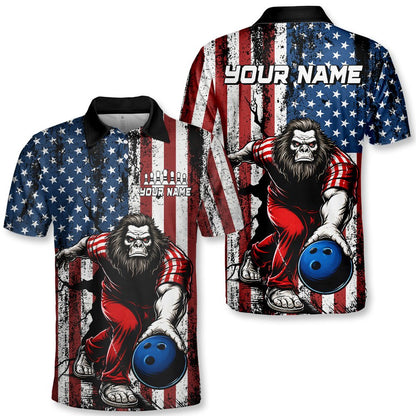 Main view of the personalized bowling bigfoot patriotic polo shirt featuring a custom name