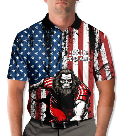 Lifestyle view of a person wearing the bowling bigfoot patriotic polo shirt