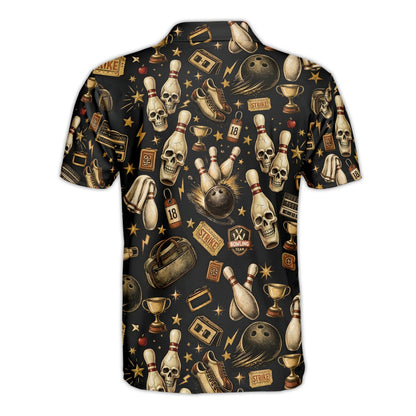 Lawn bowling polo shirt design featuring vintage skulls and bowling elements on black background, back view