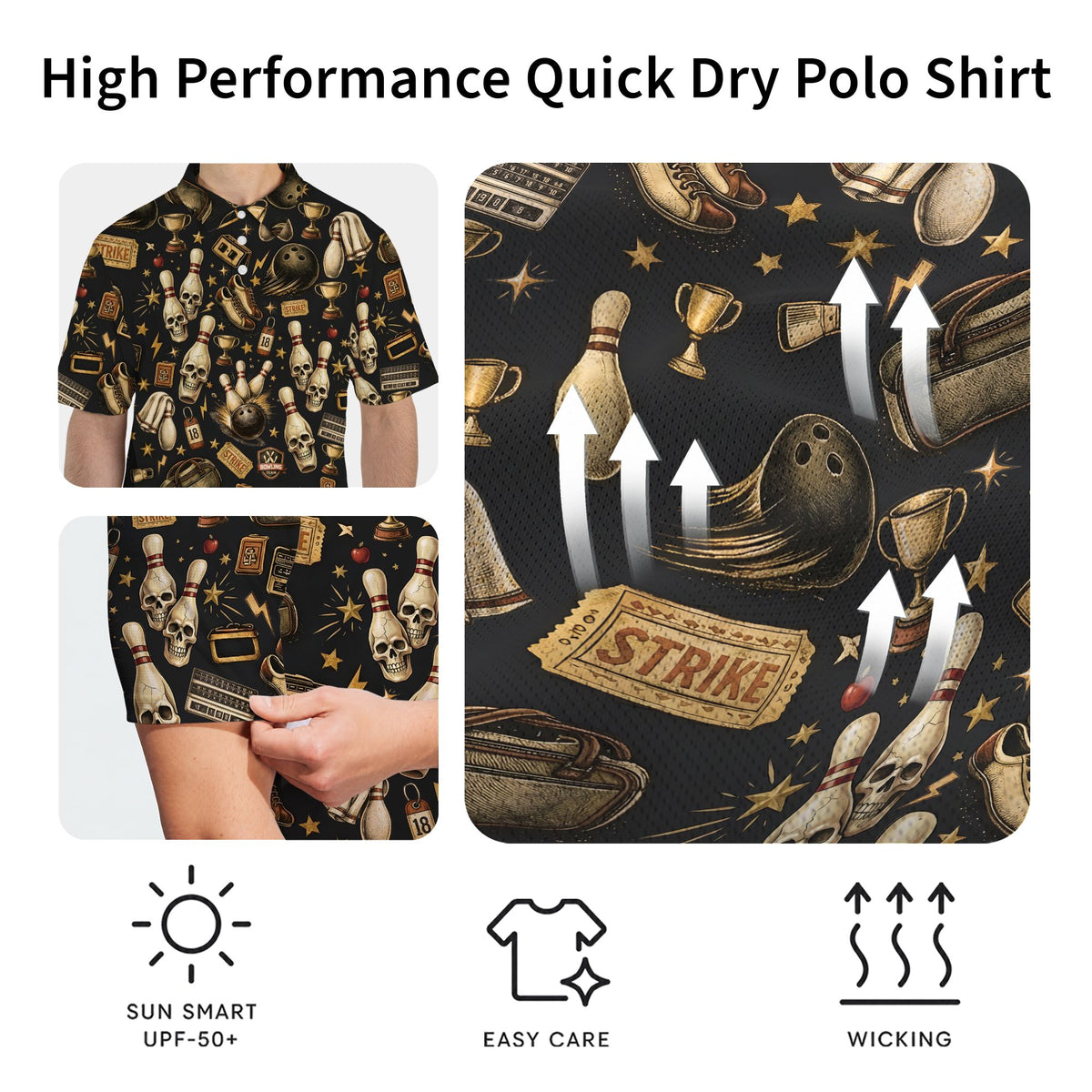 Close-up detail of the polo collar and fabric pattern on the bowling polo shirt