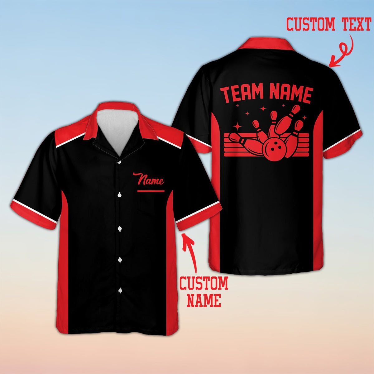 Personalized custom text polo shirt with bowling pins design, front view in black