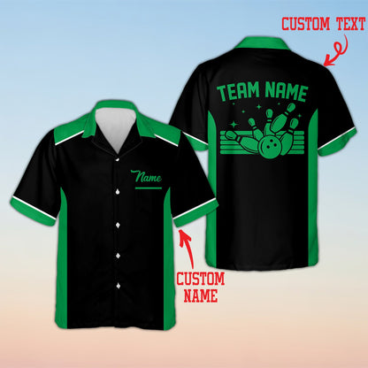 Personalized custom text polo shirt with bowling pins design, front view black variant 2