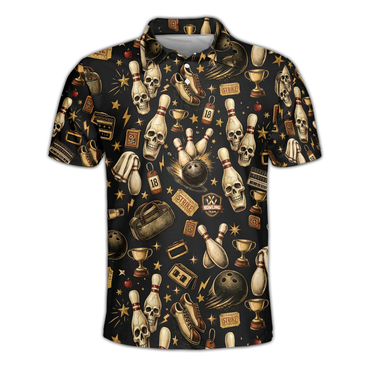 Lawn bowling polo shirt design featuring vintage skulls and bowling elements on black background, front view