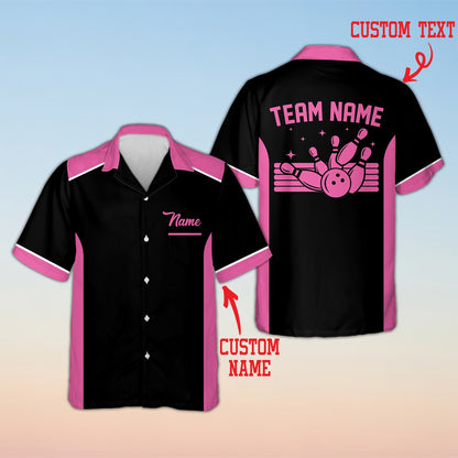 Personalized custom text polo shirt with bowling pins design, front view black variant 3