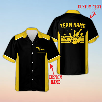 Personalized custom text polo shirt with bowling pins design, front view black variant 4