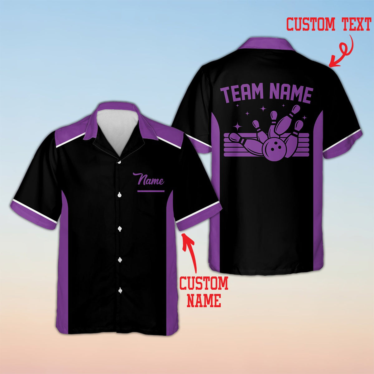 Personalized custom text polo shirt with bowling pins design, front view black variant 5