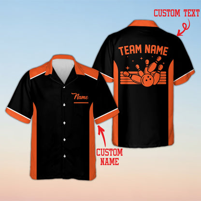 Personalized custom text polo shirt with bowling pins design, front view black variant 6