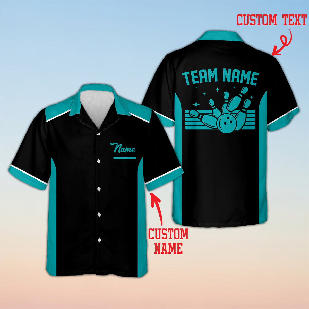 Personalized custom text polo shirt with bowling pins design, front view black variant 7
