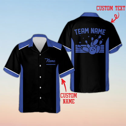 Personalized custom text polo shirt with bowling pins design, front view black variant 8