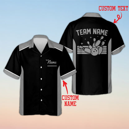Personalized custom text polo shirt with bowling pins design, front view black variant 9