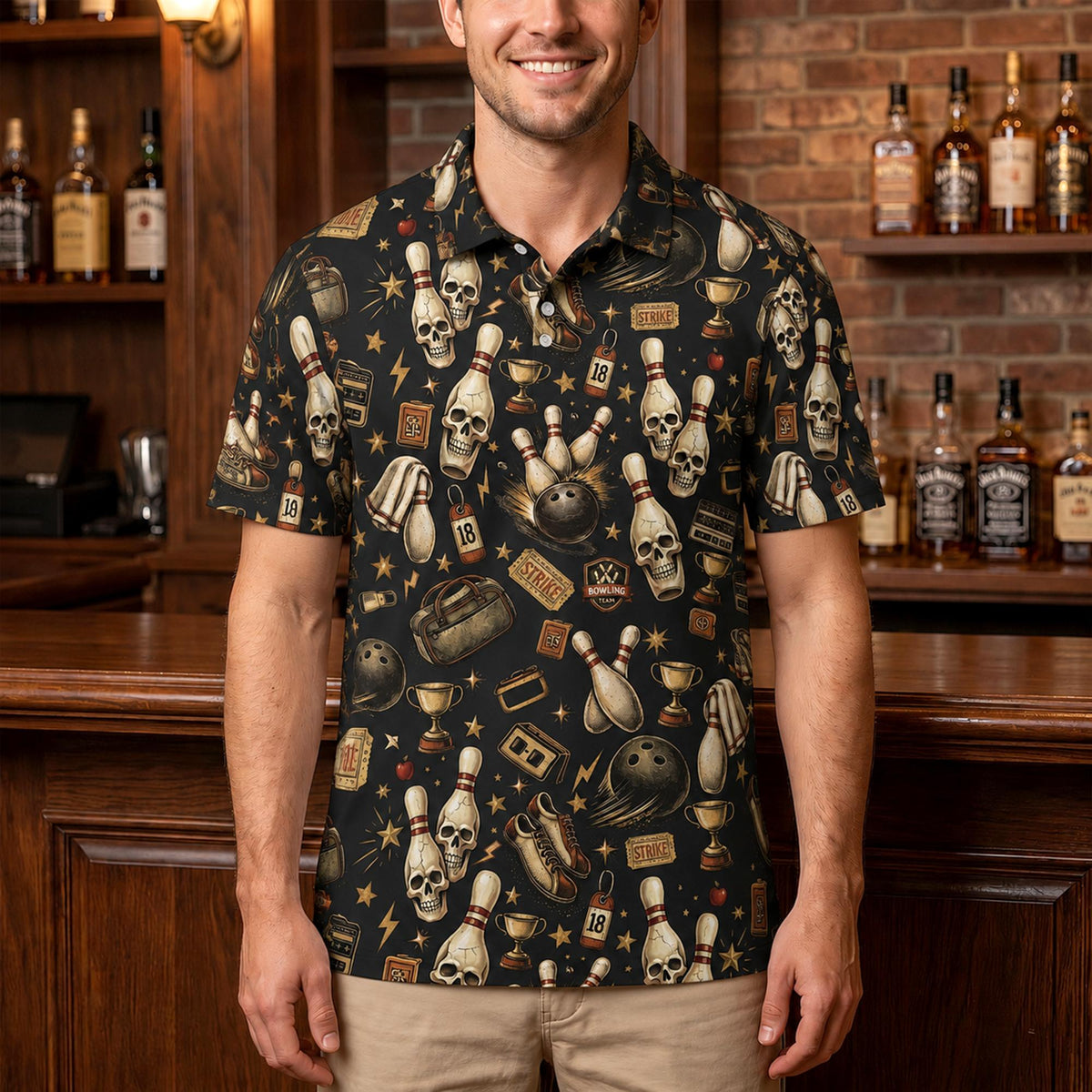 Second lifestyle view of a person wearing the vintage skull bowling polo shirt