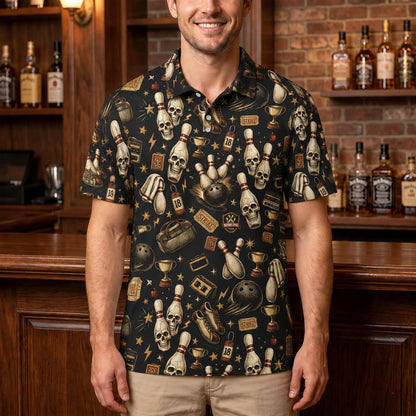Second lifestyle view of a person wearing the vintage skull bowling polo shirt