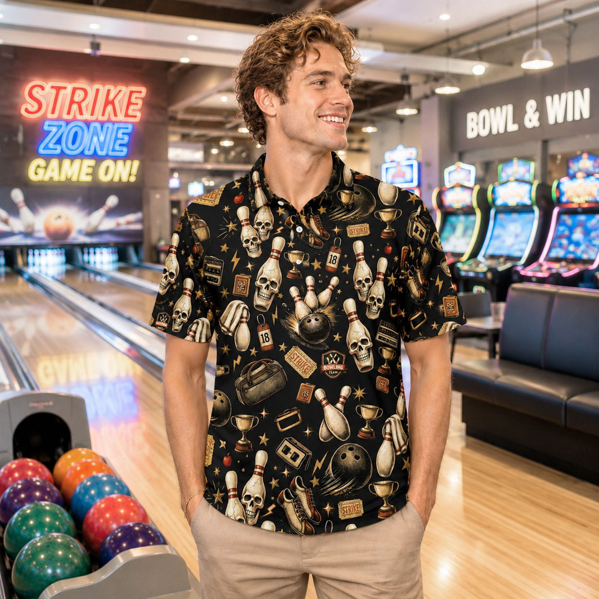 Lifestyle view of a person wearing the vintage skull bowling polo shirt in black