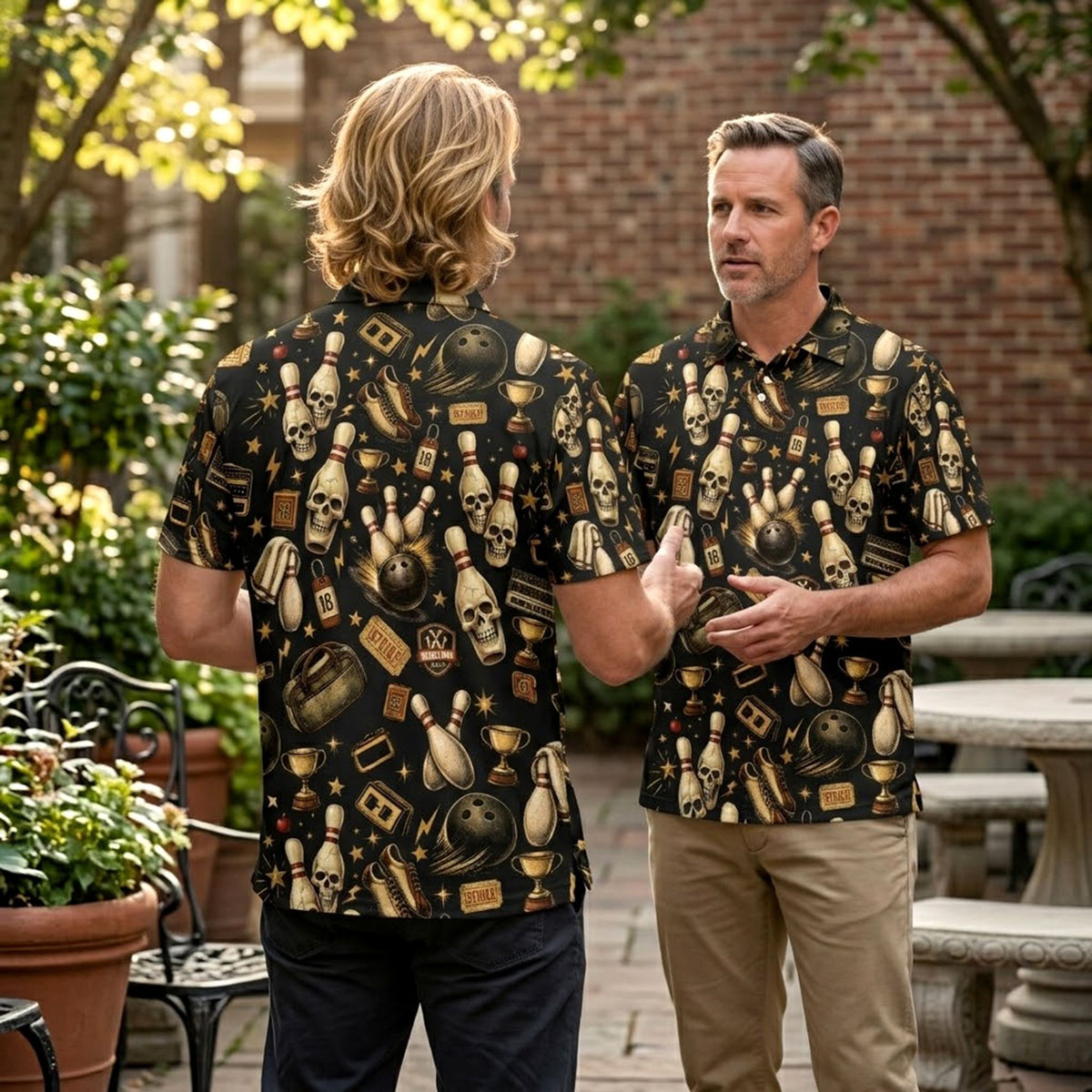Third lifestyle view showcasing the bowling polo shirt design in action