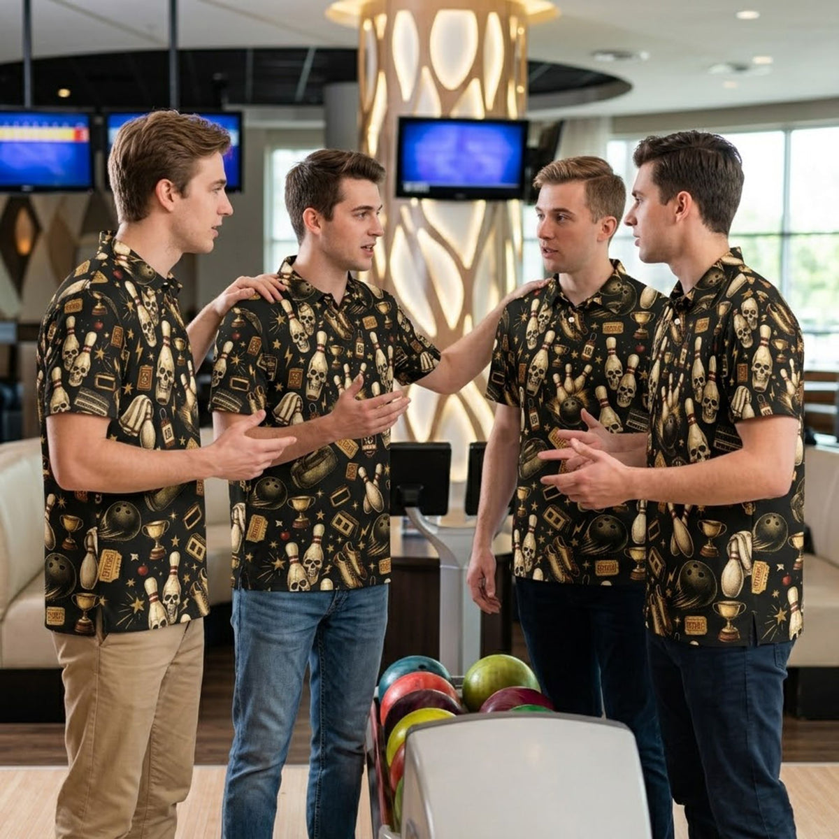 Fourth lifestyle view showing the fit and style of the black bowling polo shirt