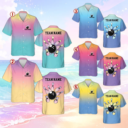 Styled view of the personalized pink bowling polo shirt, front view