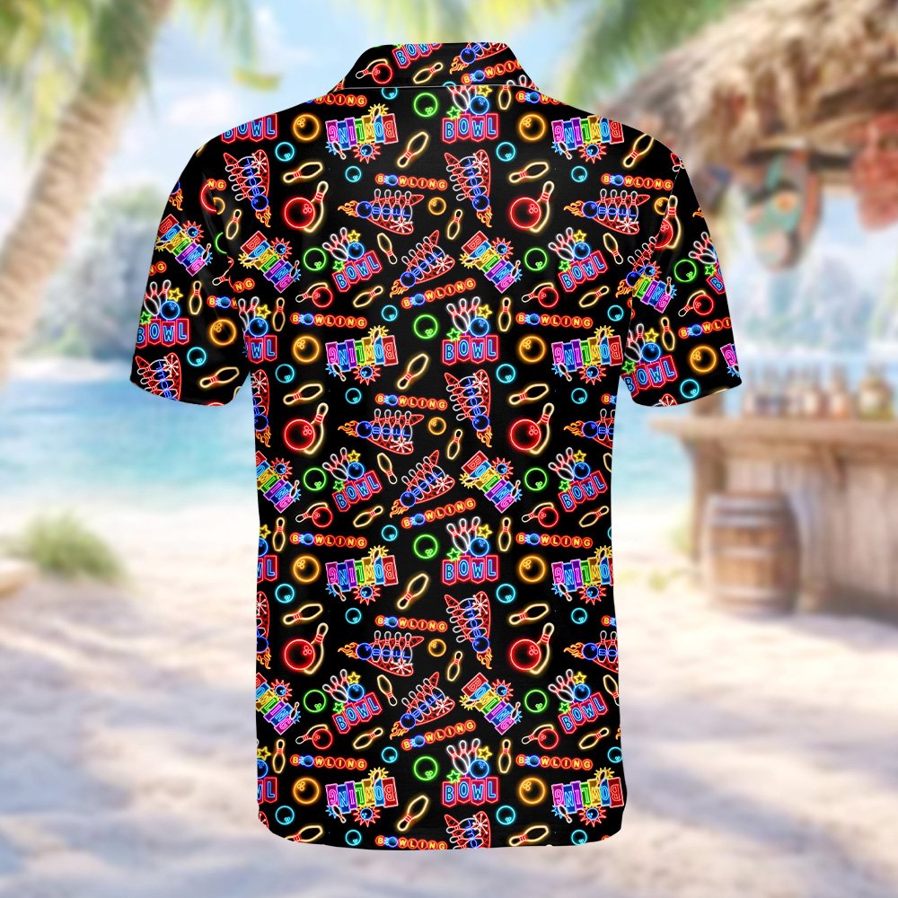 Alternative back view of the black bowling polo shirt with neon details