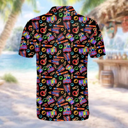 Alternative back view of the black bowling polo shirt with neon details