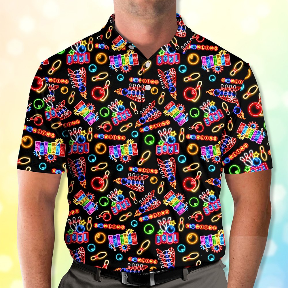 Back view of the retro neon bowling polo shirt on black background