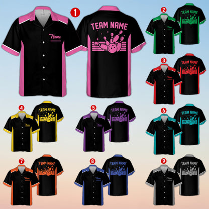 Personalized custom text polo shirt with bowling pins design, front view in multicolor