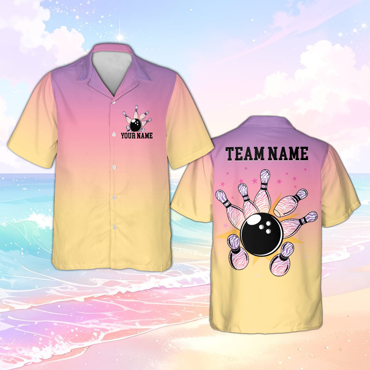 Personalized pink bowling polo shirt with zebra pins and custom name and number, front view