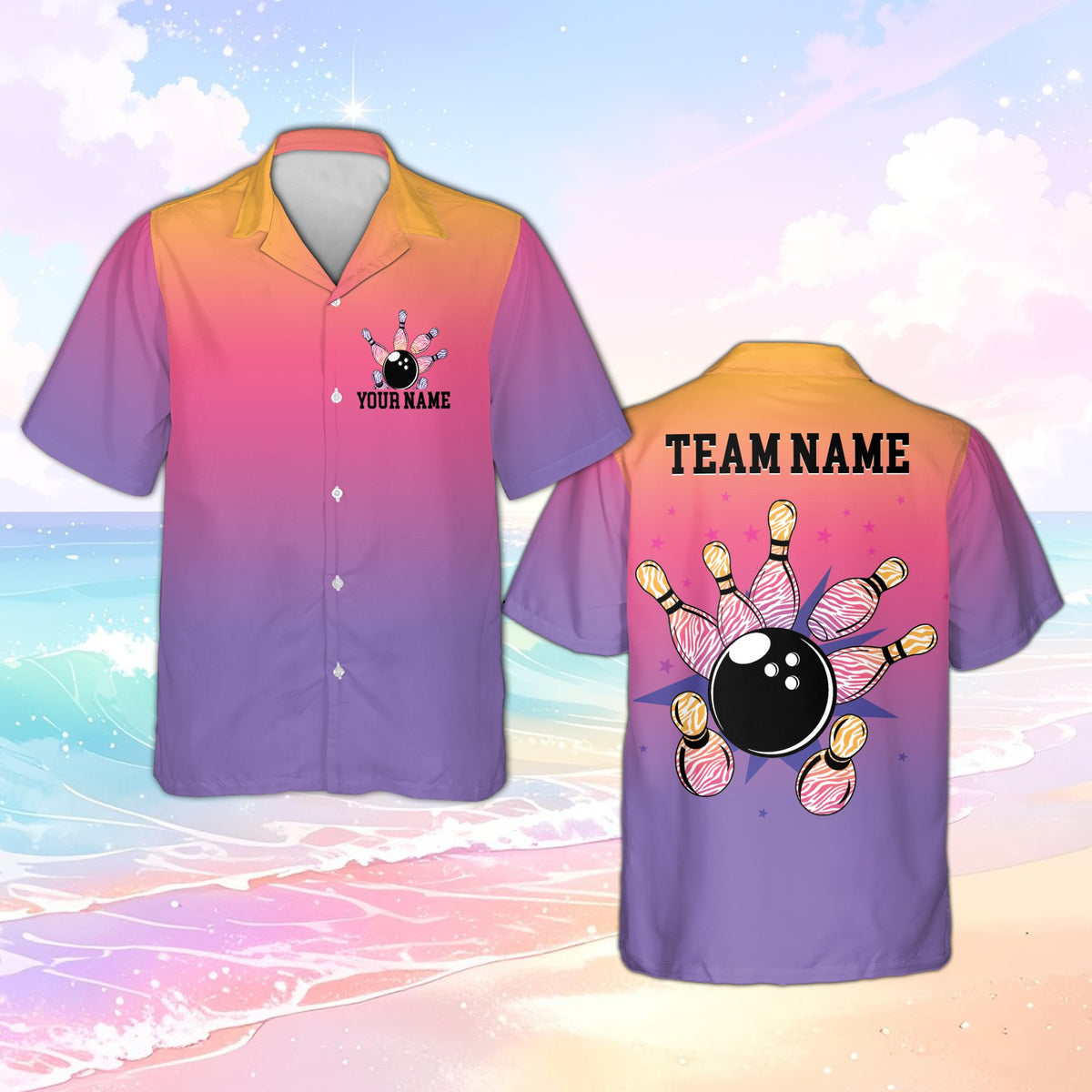 Another angle of the personalized pink bowling polo shirt, front view