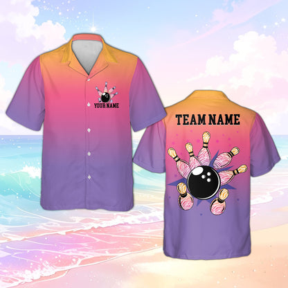 Another angle of the personalized pink bowling polo shirt, front view