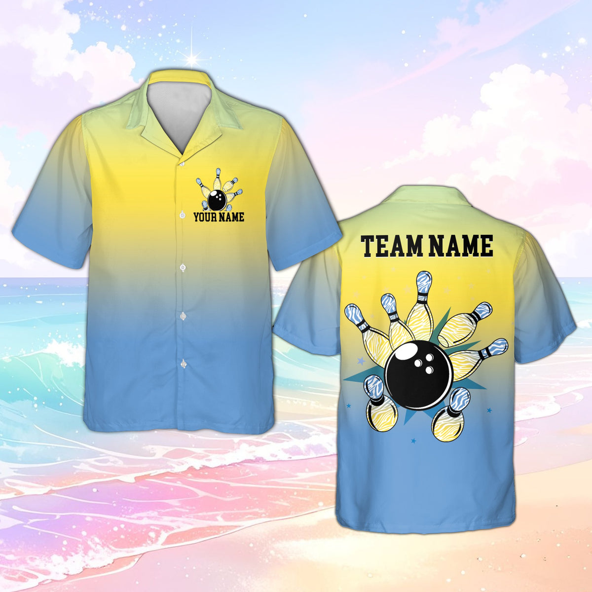 Detailed view of the vibrant gradient on the personalized pink bowling polo shirt, front view