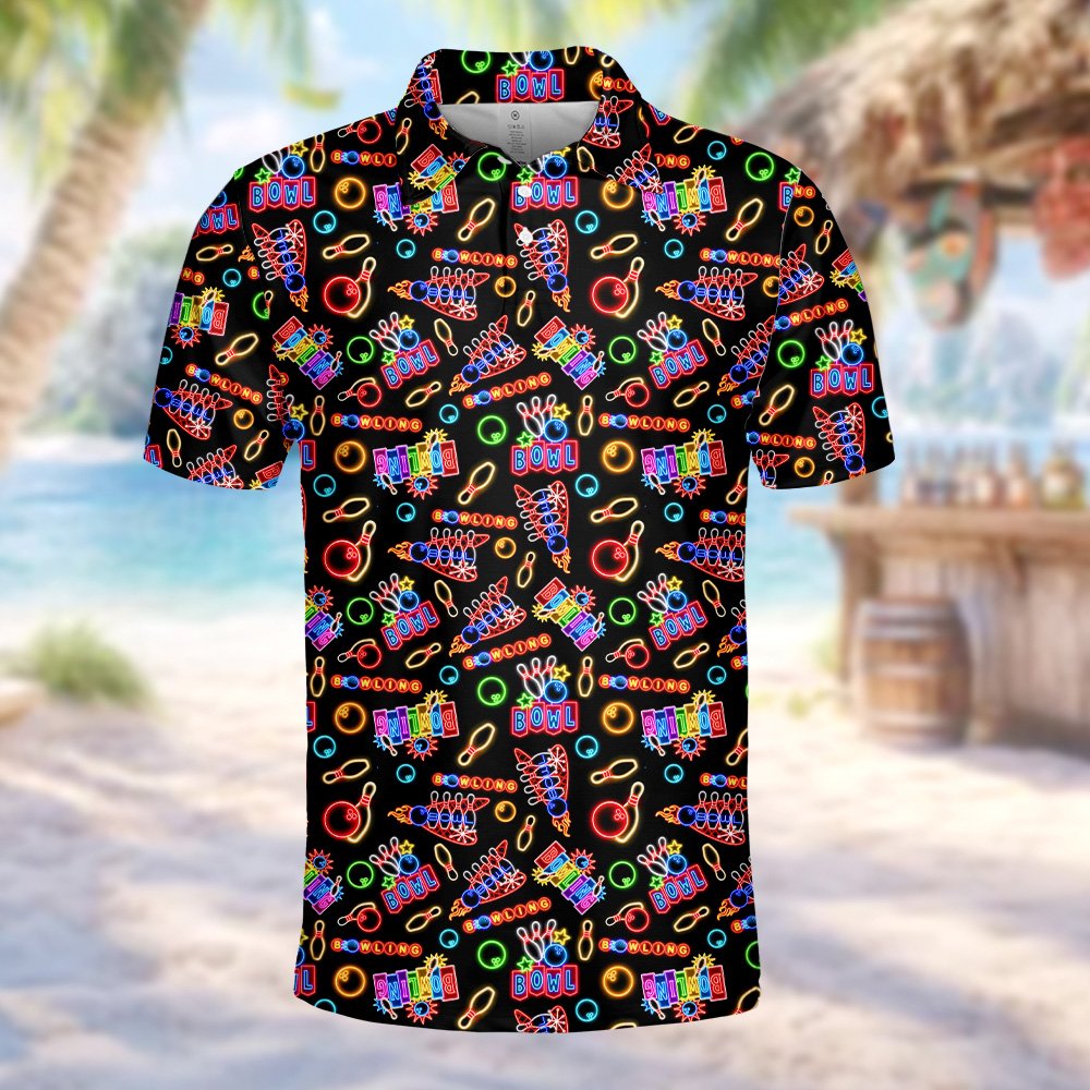 Front view of the storm bowling polo shirt featuring glowing neon bowling pins and flames