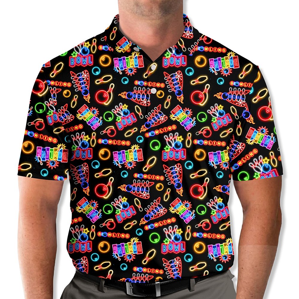 Another lifestyle view of a person wearing the black bowling polo shirt